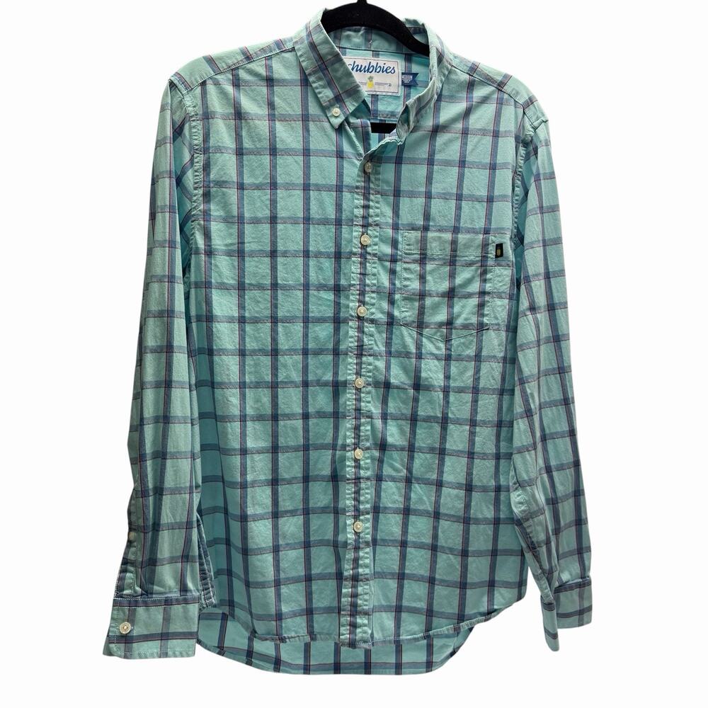 Chubbies Men's Plaid Button Down Shirt Aqua Blue Long Sleeve Casual Medium